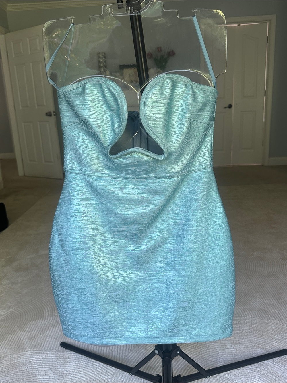 Strapless Karen Millen Light Blue/Turquoise Metallic Mini Dress